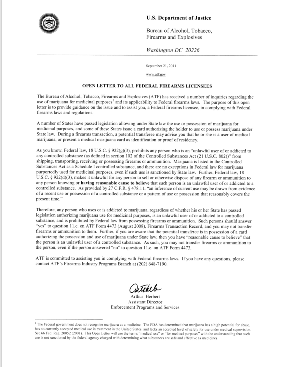 U.S. Bureau of Alcohol, Tobacco and Firearms – Open Letter to all Federal Firearms Licenses